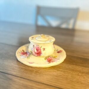 Vintage Orlik Bone China Inkwell with Lid –Red Roses Floral Design ENGLAND